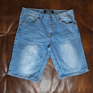 True Luck Men Denim Shorts Size 34 Light Wash Stretch Thick Stitch Embroidered